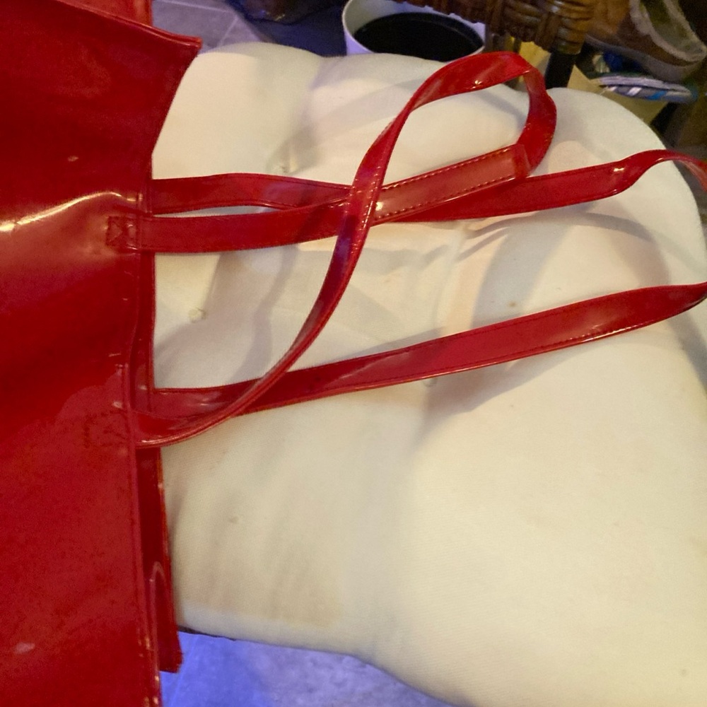 Saks Fifth Avenue Red Patent Leather Pocket Shopping Bag Tote - Picture 6 of 9